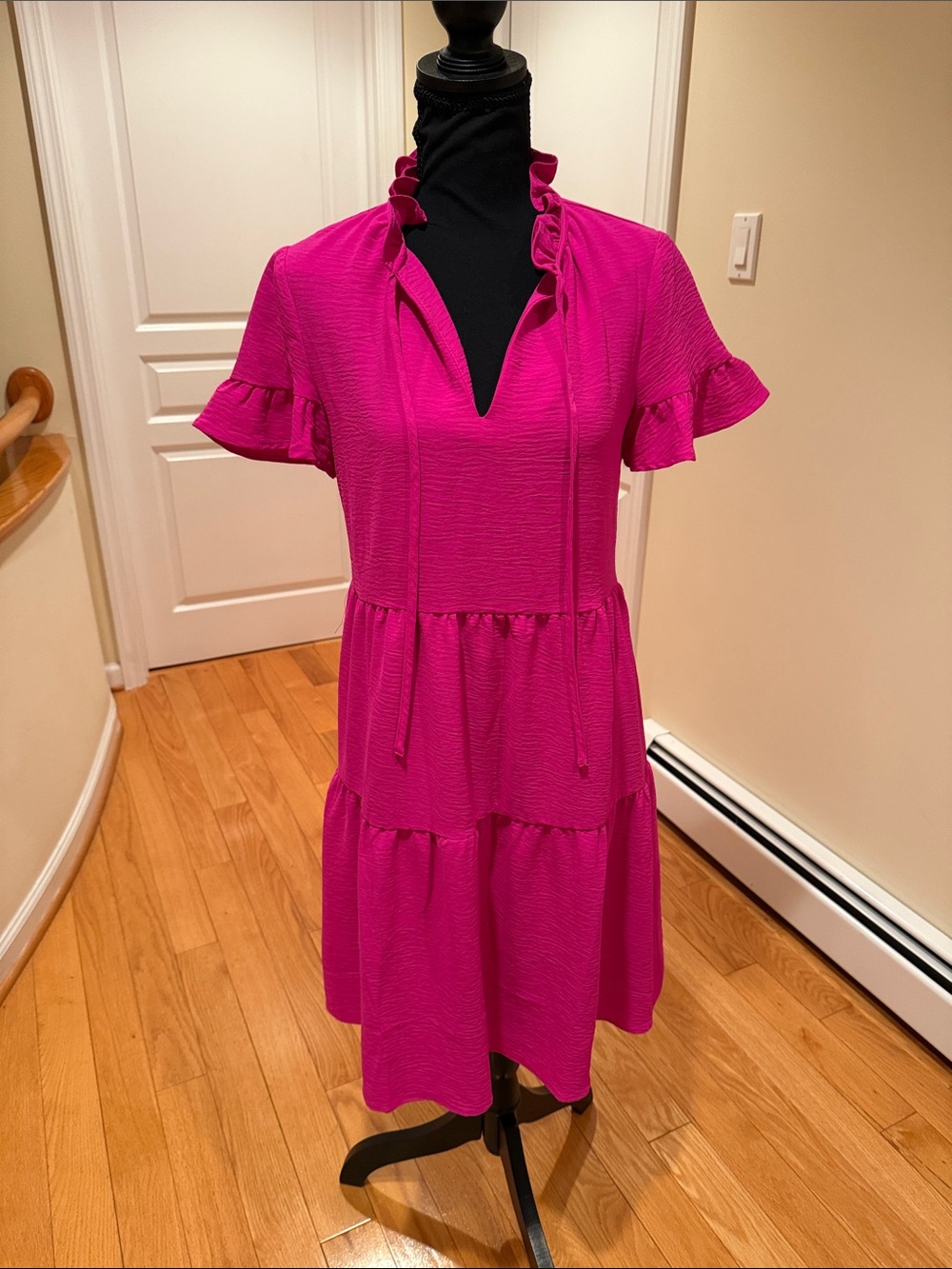 DKNY Magenta tiered mini dress with ruffle detail pull on style